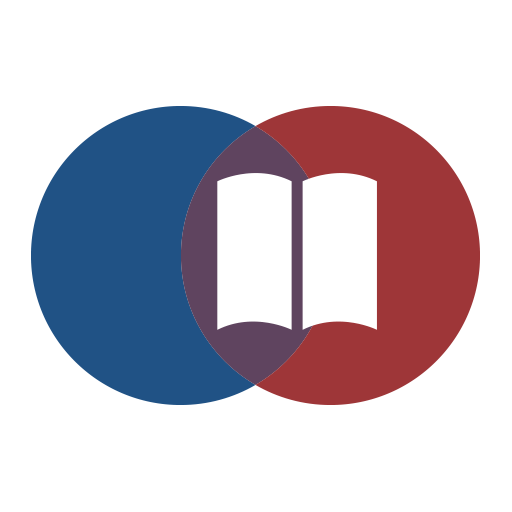 A red and a blue circle overlapping each other with a white book on top.